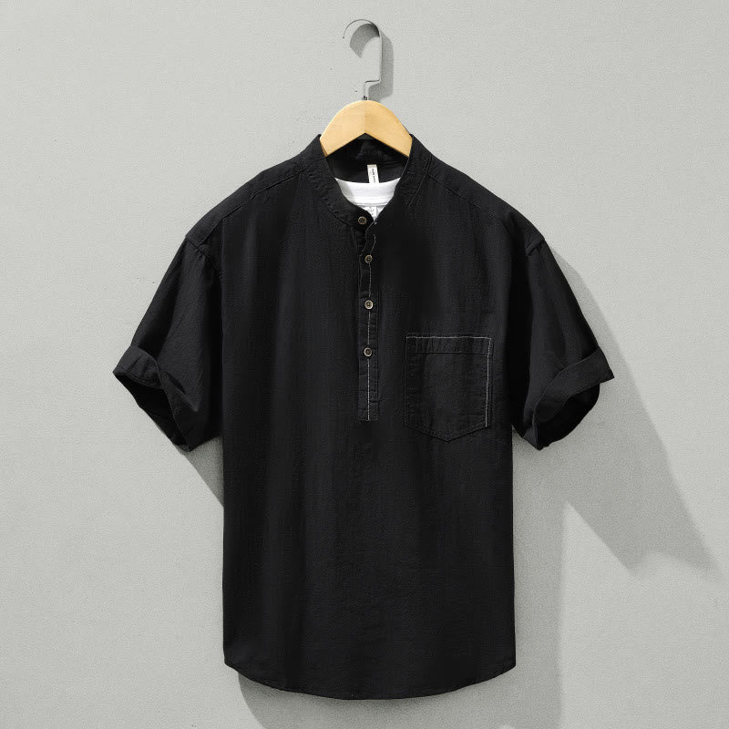 Buddha Stones Summer Solid Men's Half Button Short Sleeve Cotton Shirt - Black - US/UK/AU42,EU52 (3XL) - image 10