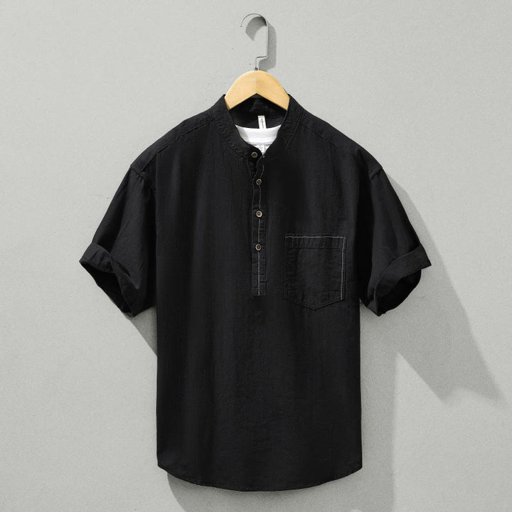 Buddha Stones Summer Solid Men's Half Button Short Sleeve Cotton Shirt - Black - US/UK/AU42,EU52 (3XL) - image 10