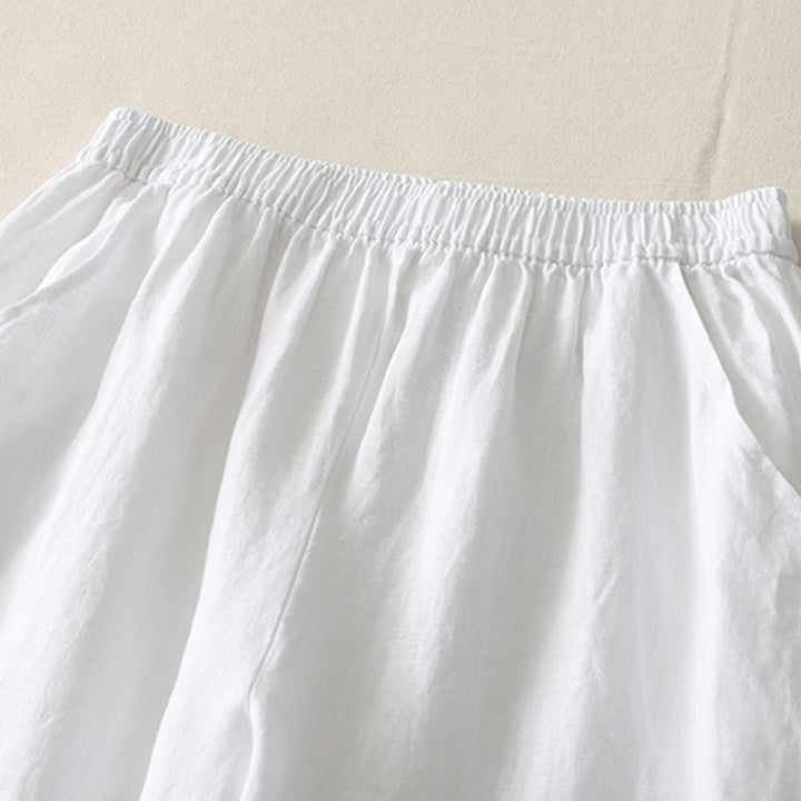 Buddha Stones Summer Daily Solid Color Elastic Waistband Design Women's Wide Leg Cotton Linen Pants With Pockets - image 15