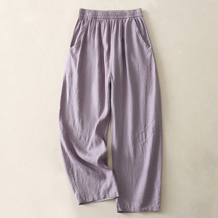 Buddha Stones Summer Daily Solid Color Elastic Waistband Design Women's Wide Leg Cotton Linen Pants With Pockets - MediumPurple - US8-10,UK/AU12-14,EU40-42 (2XL) - image 4