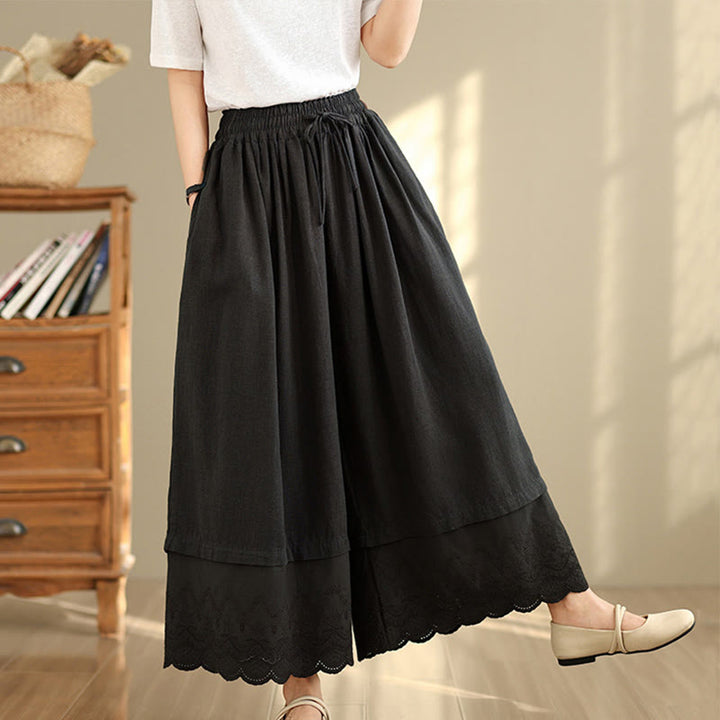 Buddha Stones Spring Embroidery Lace Hem Patchwork Drawstring Design Women's Wide Leg Cotton Pants With Pockets - Black - US8-10,UK/AU12-14,EU40-42 (2XL) - image 9