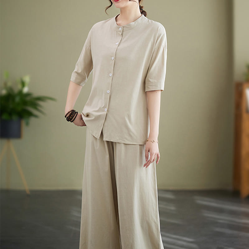 Buddha Stones 2Pcs Casual Solid Color Button Design Half Sleeve Shirt Wide Leg Pants With Pockets Cotton Zen Clothing Women's Set - image 20