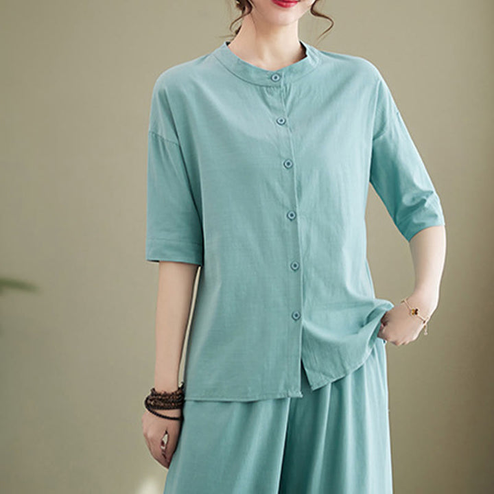 Buddha Stones 2Pcs Casual Solid Color Button Design Half Sleeve Shirt Wide Leg Pants With Pockets Cotton Zen Clothing Women's Set - image 12
