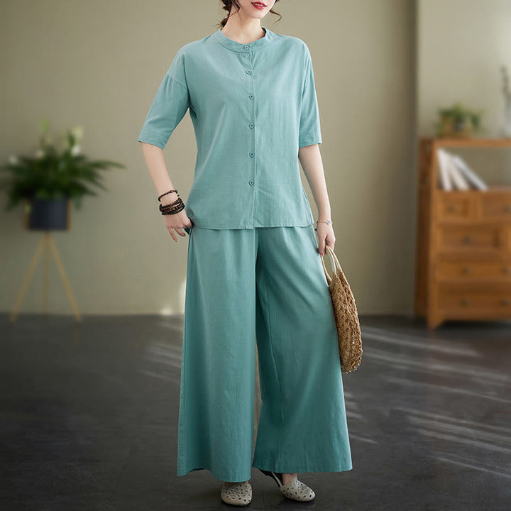 Buddha Stones 2Pcs Casual Solid Color Button Design Half Sleeve Shirt Wide Leg Pants With Pockets Cotton Zen Clothing Women's Set - MediumTurquoise - US8-10,UK/AU12-14,EU40-42 (2XL) - image 8