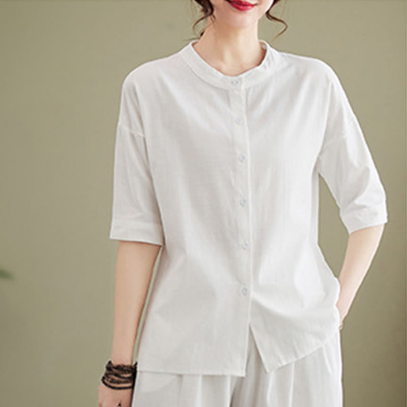 Buddha Stones 2Pcs Casual Solid Color Button Design Half Sleeve Shirt Wide Leg Pants With Pockets Cotton Zen Clothing Women's Set - image 6