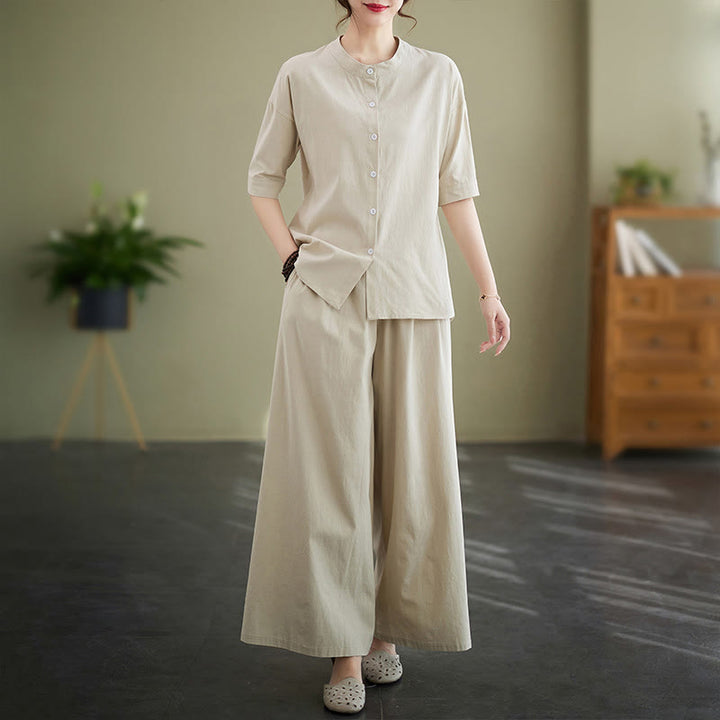 Buddha Stones 2Pcs Casual Solid Color Button Design Half Sleeve Shirt Wide Leg Pants With Pockets Cotton Zen Clothing Women's Set - Beige - US8-10,UK/AU12-14,EU40-42 (2XL) - image 16