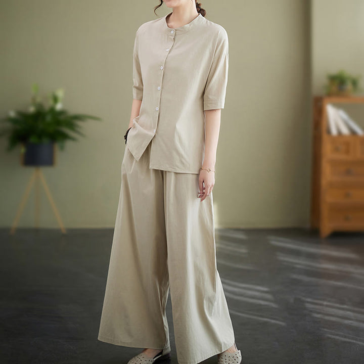 Buddha Stones 2Pcs Casual Solid Color Button Design Half Sleeve Shirt Wide Leg Pants With Pockets Cotton Zen Clothing Women's Set - image 17