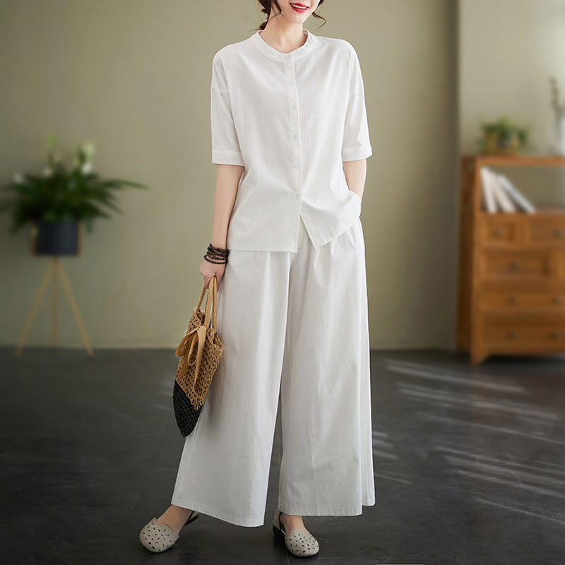 Buddha Stones 2Pcs Casual Solid Color Button Design Half Sleeve Shirt Wide Leg Pants With Pockets Cotton Zen Clothing Women's Set - White - US8-10,UK/AU12-14,EU40-42 (2XL) - image 0