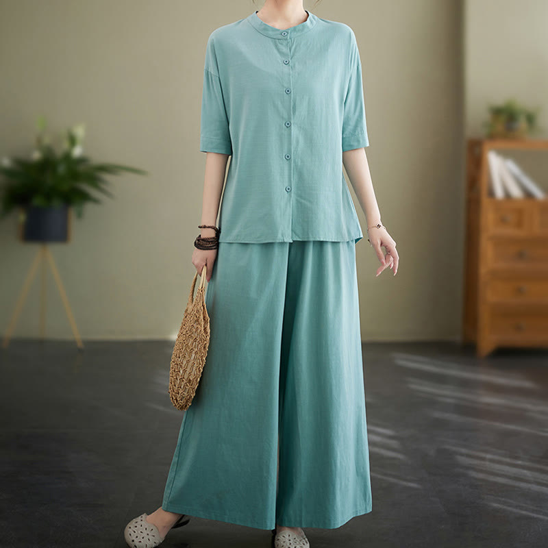 Buddha Stones 2Pcs Casual Solid Color Button Design Half Sleeve Shirt Wide Leg Pants With Pockets Cotton Zen Clothing Women's Set - image 9
