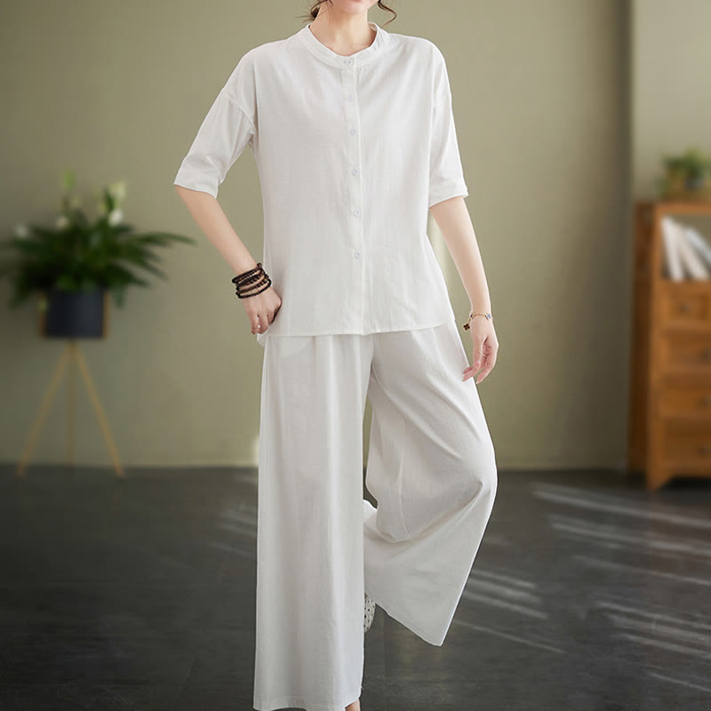 Buddha Stones 2Pcs Casual Solid Color Button Design Half Sleeve Shirt Wide Leg Pants With Pockets Cotton Zen Clothing Women's Set - image 3