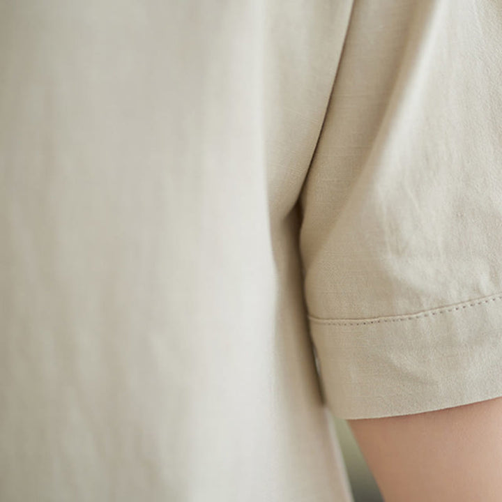 Buddha Stones 2Pcs Casual Solid Color Button Design Half Sleeve Shirt Wide Leg Pants With Pockets Cotton Zen Clothing Women's Set - image 24