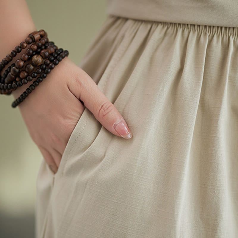 Buddha Stones 2Pcs Casual Solid Color Button Design Half Sleeve Shirt Wide Leg Pants With Pockets Cotton Zen Clothing Women's Set - image 27