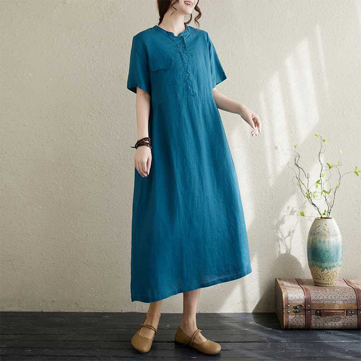 Buddha Stones Stand Collar Buttons Design Linen Short Sleeve Midi Dress With Pockets - DodgerBlue - US8-10,UK/AU12-14,EU40-42 (2XL) - image 15