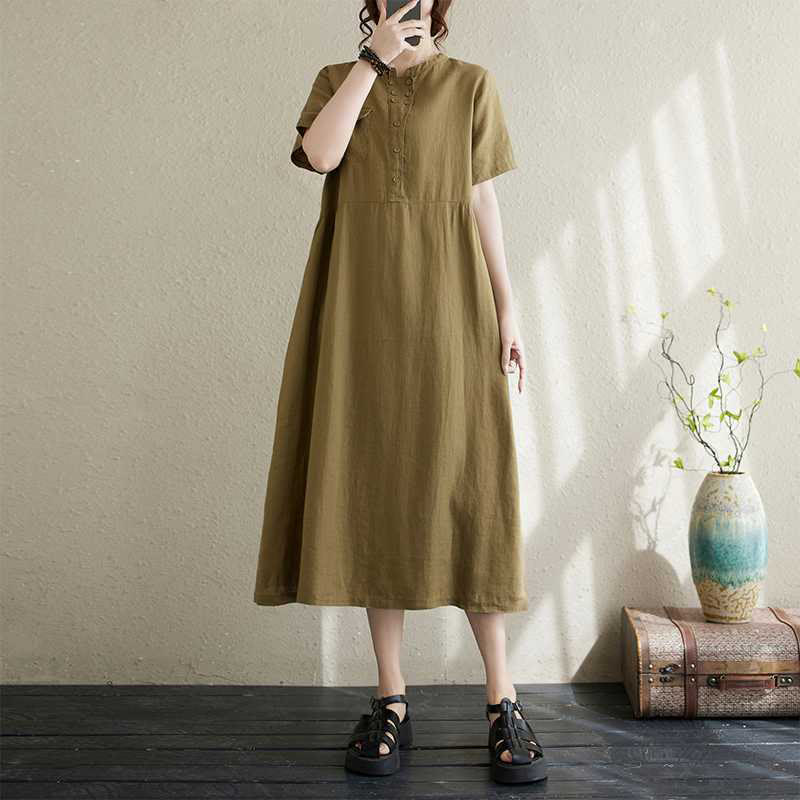 Buddha Stones Stand Collar Buttons Design Linen Short Sleeve Midi Dress With Pockets - OliveDrab - US8-10,UK/AU12-14,EU40-42 (2XL) - image 6