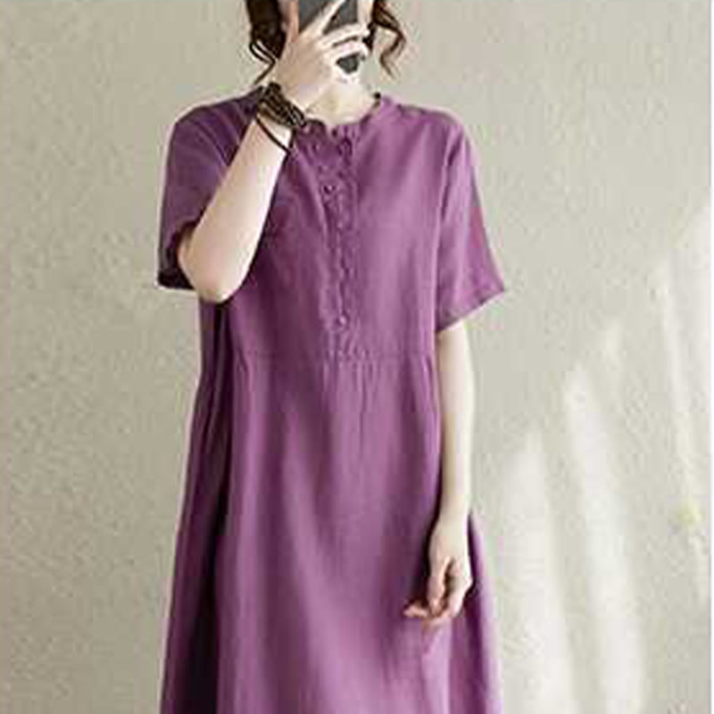 Buddha Stones Stand Collar Buttons Design Linen Short Sleeve Midi Dress With Pockets - image 4