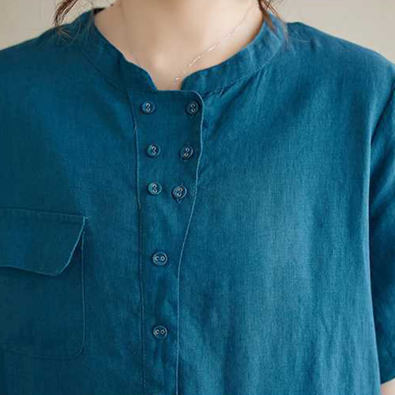 Buddha Stones Stand Collar Buttons Design Linen Short Sleeve Midi Dress With Pockets - image 19