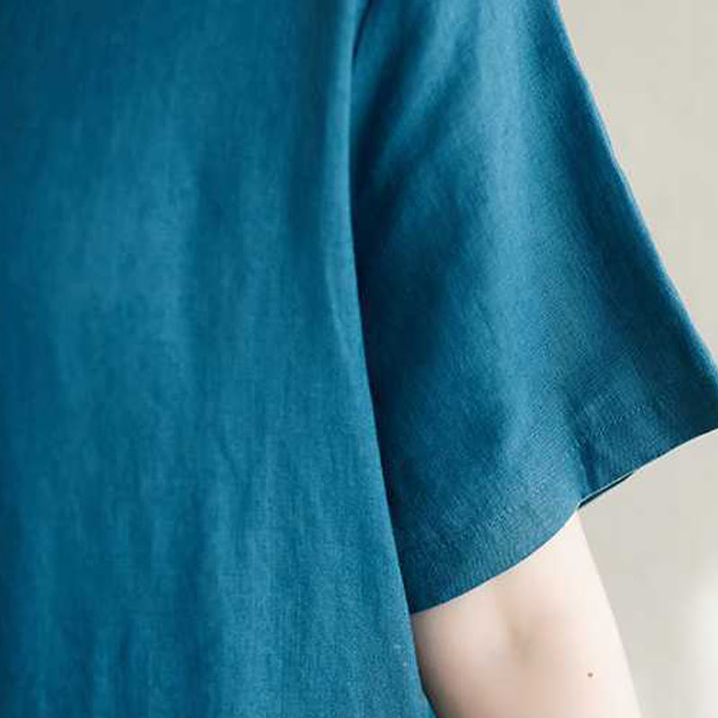 Buddha Stones Stand Collar Buttons Design Linen Short Sleeve Midi Dress With Pockets - image 21