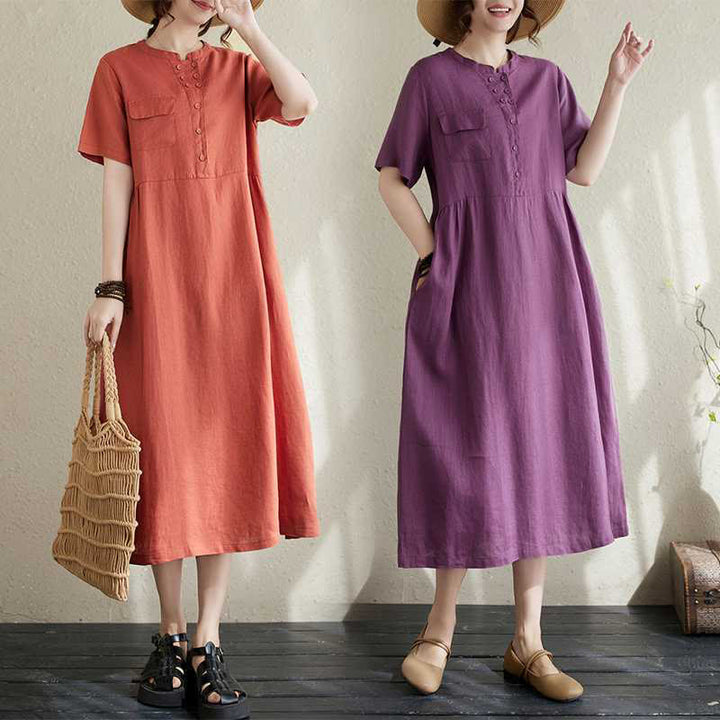 Buddha Stones Stand Collar Buttons Design Linen Short Sleeve Midi Dress With Pockets - image 5
