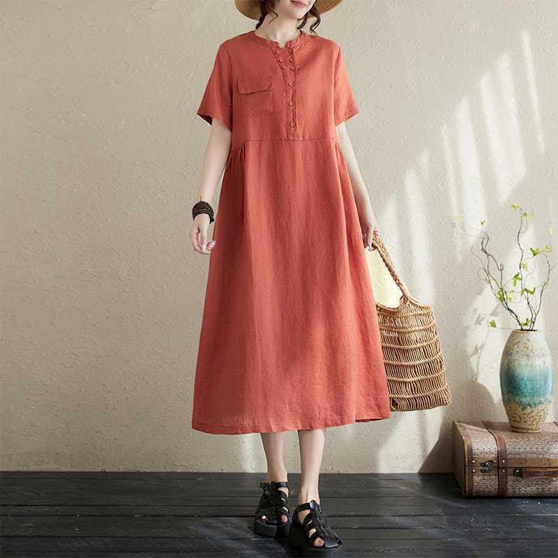 Buddha Stones Stand Collar Buttons Design Linen Short Sleeve Midi Dress With Pockets - Tomato - US8-10,UK/AU12-14,EU40-42 (2XL) - image 10