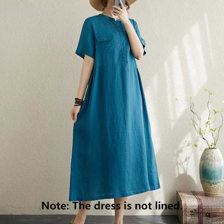 Buddha Stones Stand Collar Buttons Design Linen Short Sleeve Midi Dress With Pockets - image 16