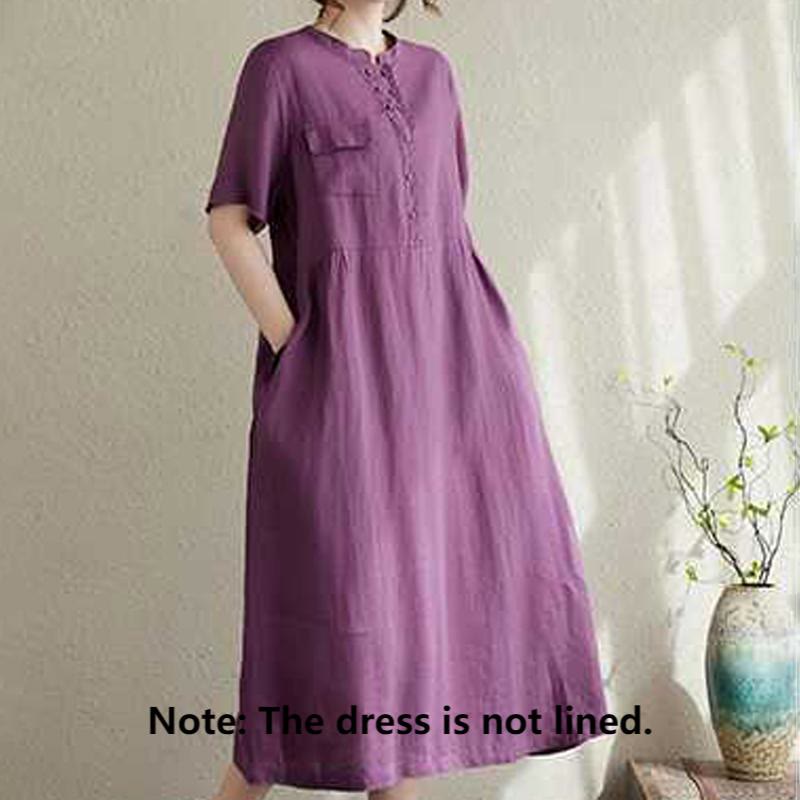 Buddha Stones Stand Collar Buttons Design Linen Short Sleeve Midi Dress With Pockets - image 1