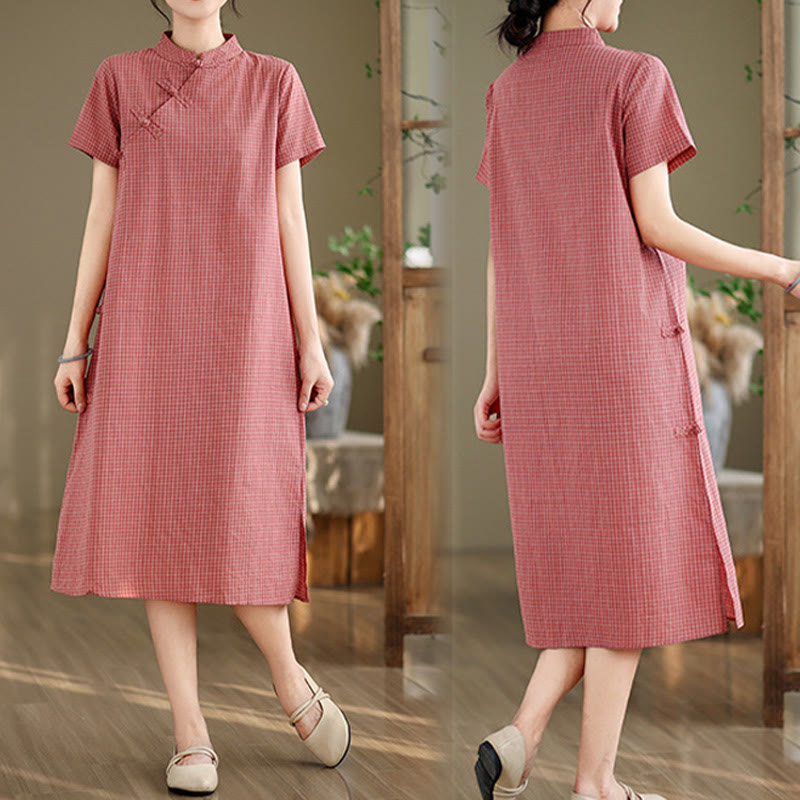 Buddha Stones Plaid Short Sleeve Frog-Button Design Cotton Linen Improved Cheongsam Midi Dress - image 8