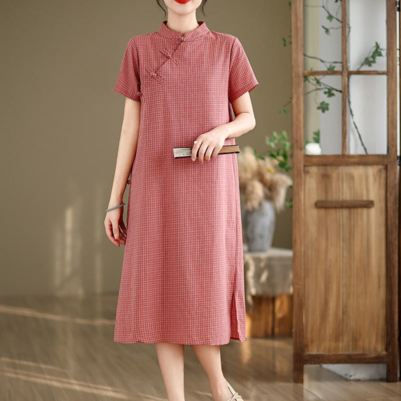 Buddha Stones Plaid Short Sleeve Frog-Button Design Cotton Linen Improved Cheongsam Midi Dress - Salmon - US8-10,UK/AU12-14,EU40-42 (2XL) - image 0