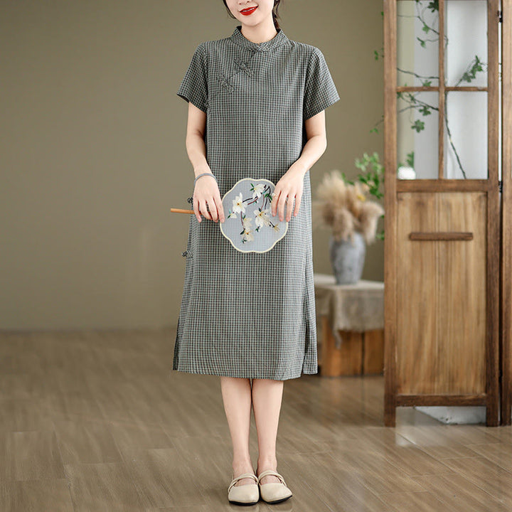 Buddha Stones Plaid Short Sleeve Frog-Button Design Cotton Linen Improved Cheongsam Midi Dress - Gray - US8-10,UK/AU12-14,EU40-42 (2XL) - image 9