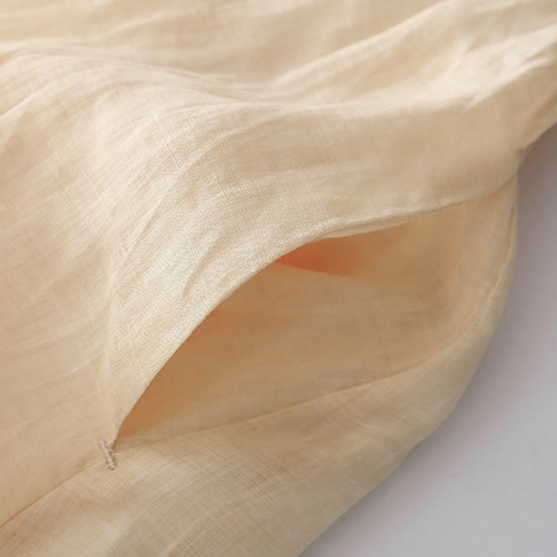 Buddha Stones Embroidery Buttons Design Long Sleeve Cotton Linen Midi Dress With Pockets - image 9