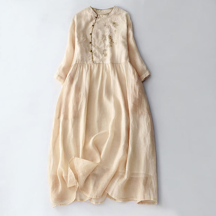 Buddha Stones Embroidery Buttons Design Long Sleeve Cotton Linen Midi Dress With Pockets - LemonChiffon - US8-10,UK/AU12-14,EU40-42 (2XL) - image 0