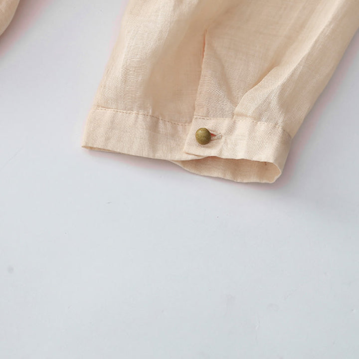 Buddha Stones Embroidery Buttons Design Long Sleeve Cotton Linen Midi Dress With Pockets - image 8