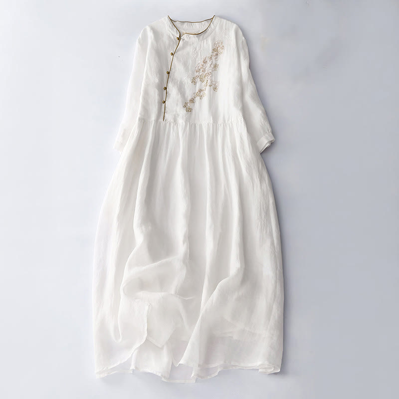 Buddha Stones Embroidery Buttons Design Long Sleeve Cotton Linen Midi Dress With Pockets - White - US8-10,UK/AU12-14,EU40-42 (2XL) - image 15