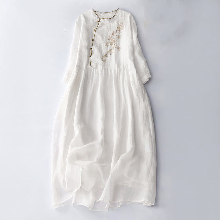 Buddha Stones Embroidery Buttons Design Long Sleeve Cotton Linen Midi Dress With Pockets - White - US8-10,UK/AU12-14,EU40-42 (2XL) - image 15