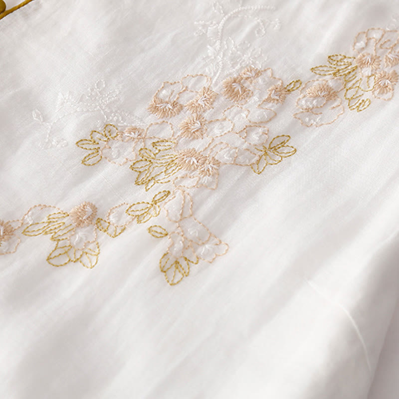 Buddha Stones Embroidery Buttons Design Long Sleeve Cotton Linen Midi Dress With Pockets - image 17