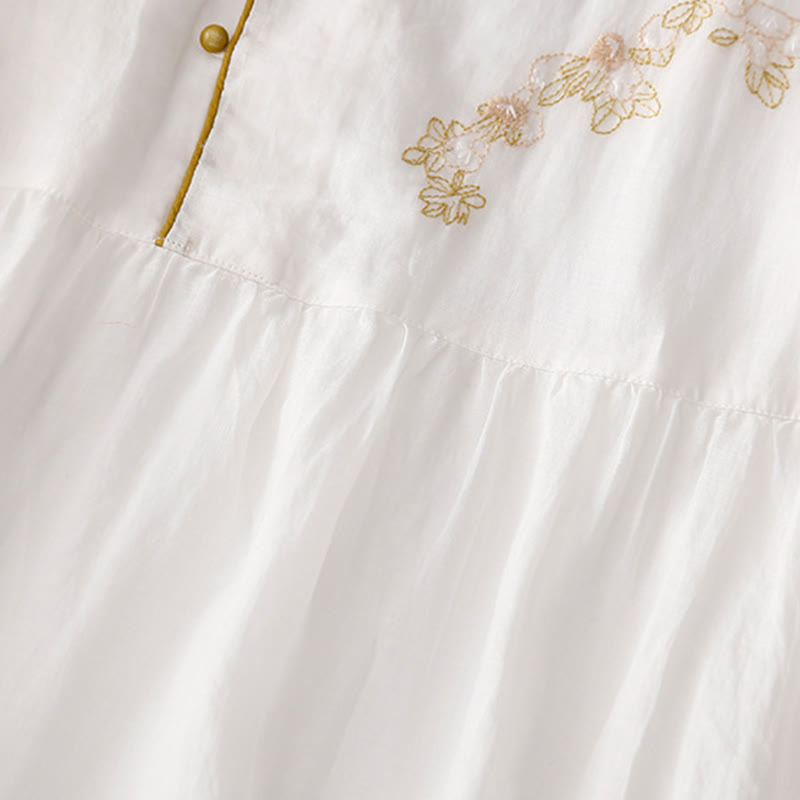 Buddha Stones Embroidery Buttons Design Long Sleeve Cotton Linen Midi Dress With Pockets - image 19