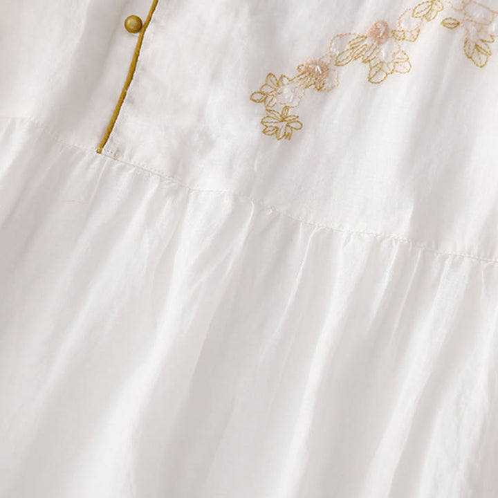 Buddha Stones Embroidery Buttons Design Long Sleeve Cotton Linen Midi Dress With Pockets - image 19