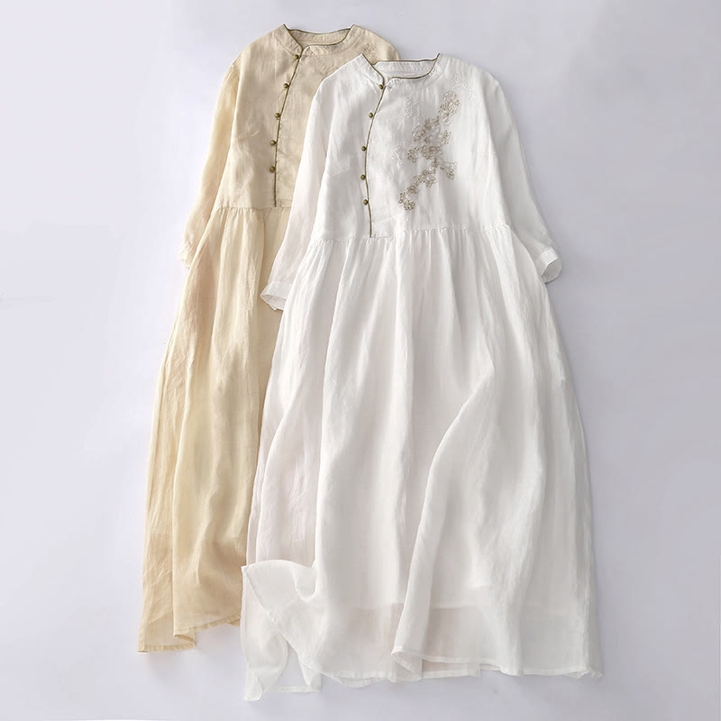 Buddha Stones Embroidery Buttons Design Long Sleeve Cotton Linen Midi Dress With Pockets - image 24