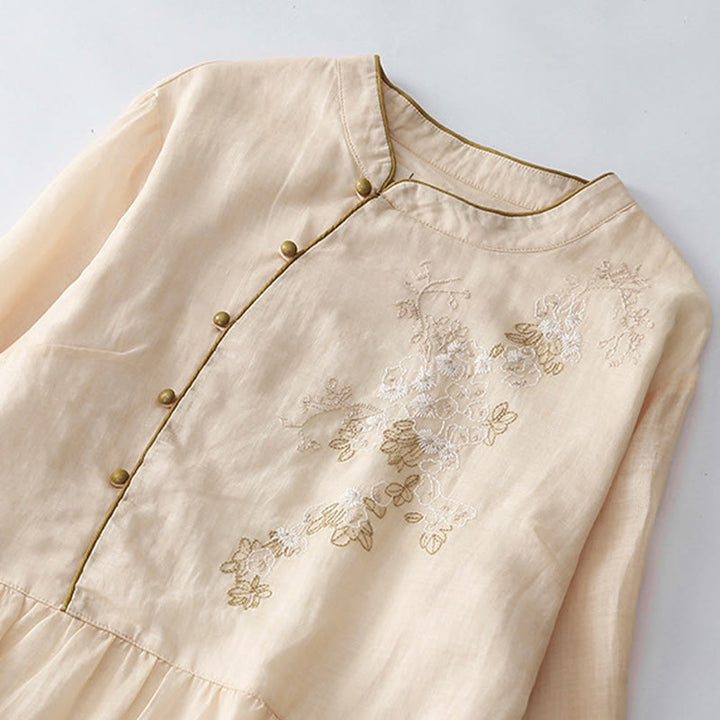 Buddha Stones Embroidery Buttons Design Long Sleeve Cotton Linen Midi Dress With Pockets - image 2