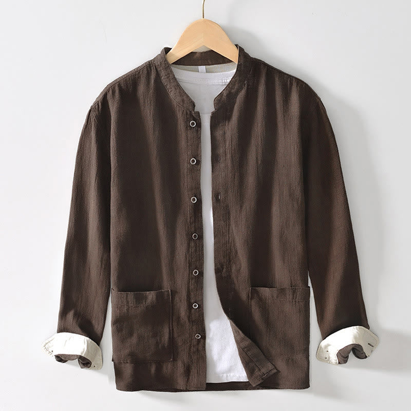 Buddha Stones Solid Color Men's Buttons Long Sleeve Cotton Linen Shirt With Pockets - SaddleBrown - US/UK/AU42,EU52 (3XL) - image 0