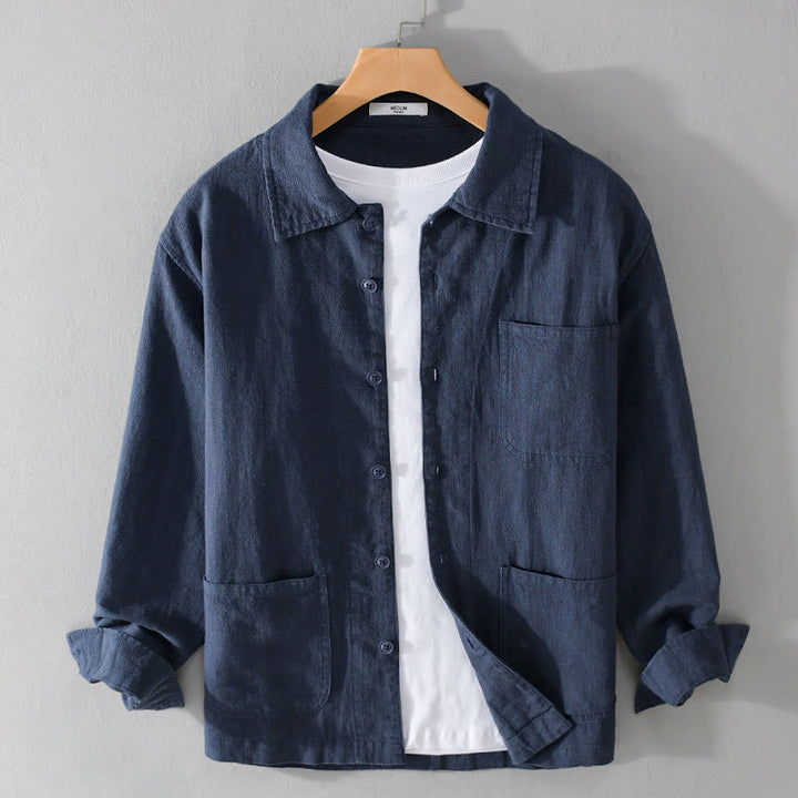 Buddha Stones Commute Fall Solid Color Lapel Men's Long Sleeve Cotton Linen Shirt With Pocket - MidnightBlue - US/UK/AU42,EU52 (3XL) - image 14