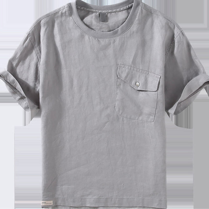 Buddha Stones Crew Neck Simple Design Men's Short Sleeve Linen Shirt With Pocket - image 2