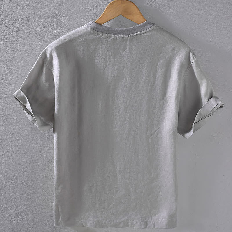 Buddha Stones Crew Neck Simple Design Men's Short Sleeve Linen Shirt With Pocket - image 1