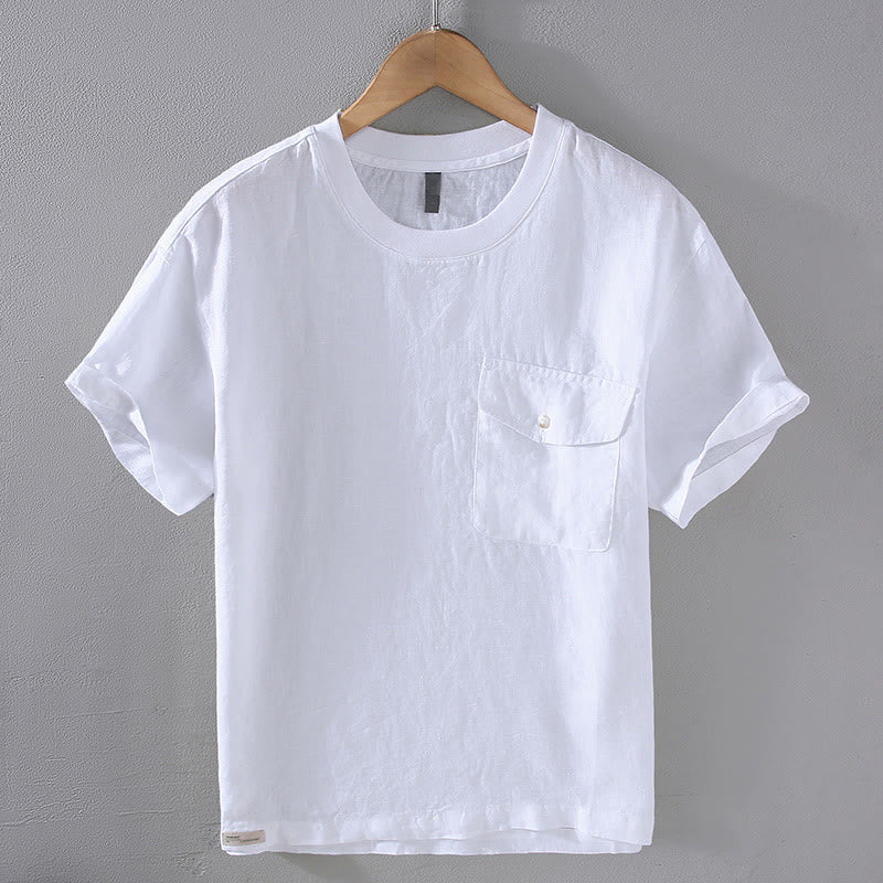 Buddha Stones Crew Neck Simple Design Men's Short Sleeve Linen Shirt With Pocket - White - US/UK/AU42,EU52 (3XL) - image 11