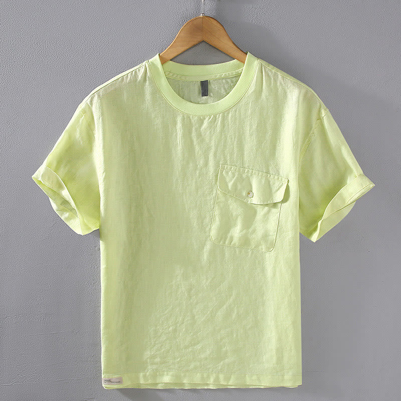 Buddha Stones Crew Neck Simple Design Men's Short Sleeve Linen Shirt With Pocket - GreenYellow - US/UK/AU42,EU52 (3XL) - image 10