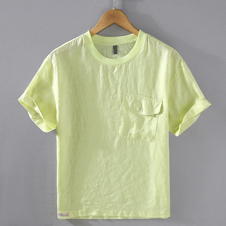 Buddha Stones Crew Neck Simple Design Men's Short Sleeve Linen Shirt With Pocket - GreenYellow - US/UK/AU42,EU52 (3XL) - image 10