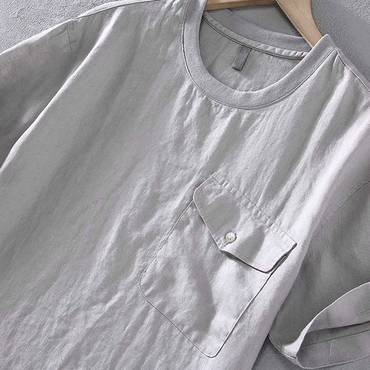 Buddha Stones Crew Neck Simple Design Men's Short Sleeve Linen Shirt With Pocket - image 4