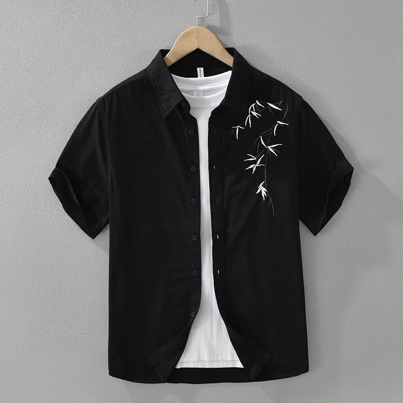 Buddha Stones Artistic Simple Design Embroidery Bamboo Pattern Men's Short Sleeve Cotton Shirt - Black - US/UK/AU42,EU52 (3XL) - image 0