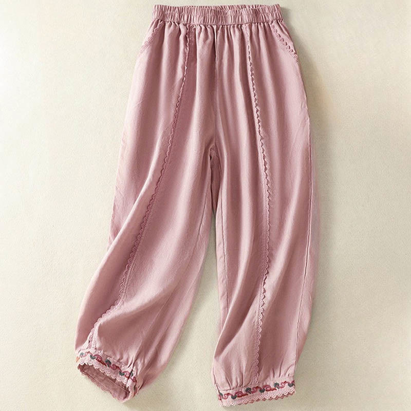 Buddha Stones Casual Plain Lace Side Design 7-8 Length Cotton Linen Women's Harem Pants With Pockets - Pink - US8-10,UK/AU12-14,EU40-42 (2XL) - image 8