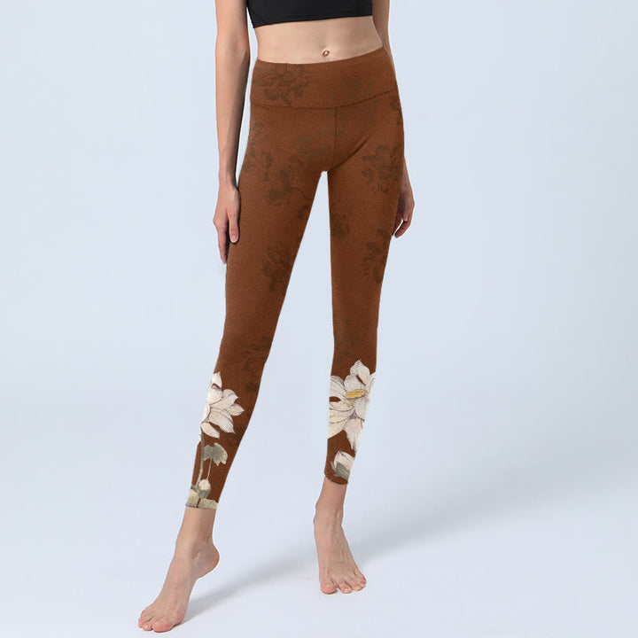 Buddha Stones Brown White Lotus Flower Print Gym Leggings Women's Yoga Pants - image 5