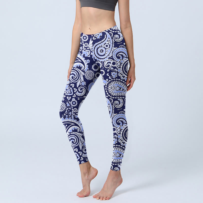 Buddha Stones Purple Blue Cashew Flower Print Gym Leggings Women's Yoga Pants - MediumSlateBlue - US18,UK/AU22,EU50 (4XL) - image 0